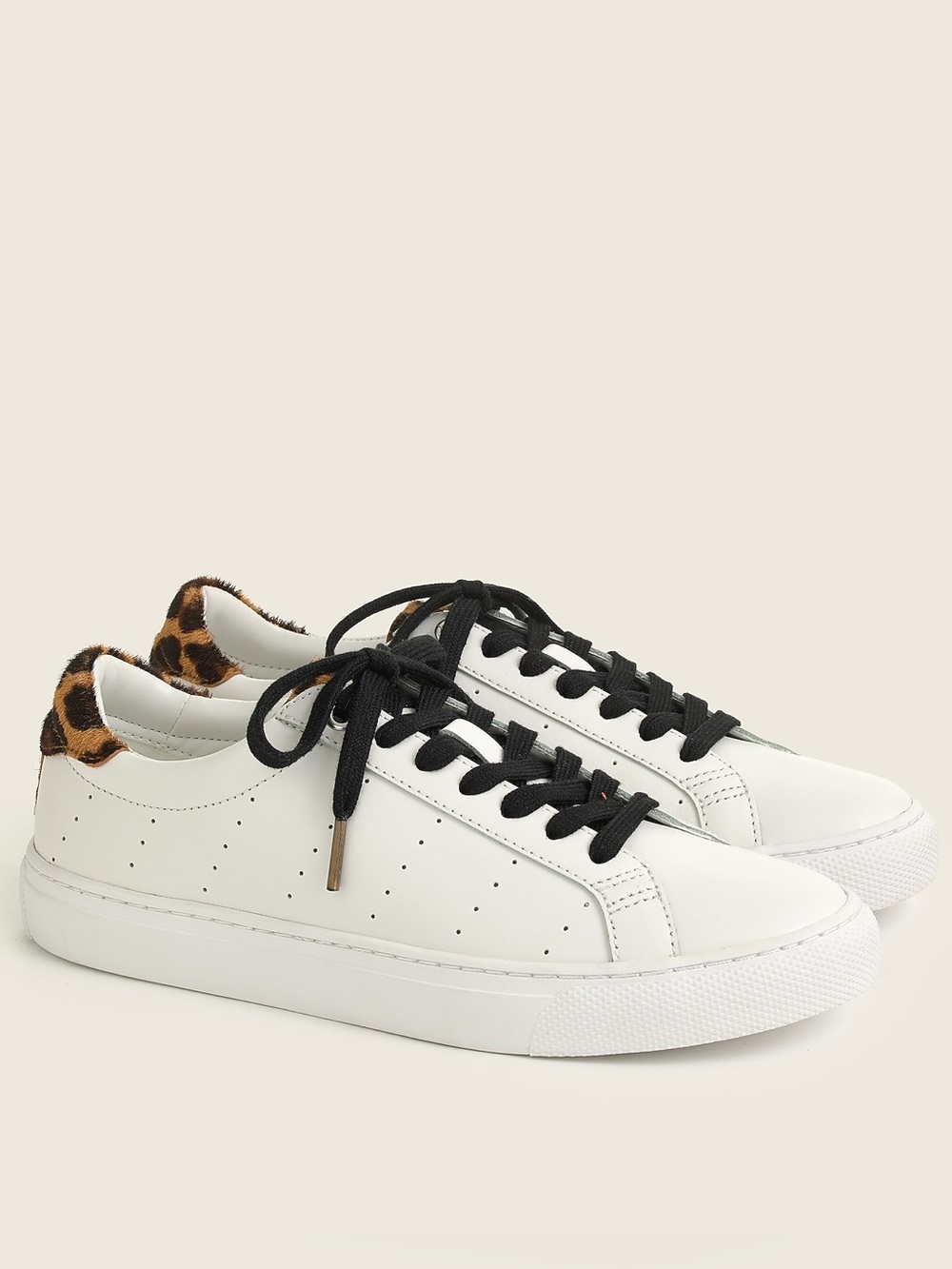 J. Crew Saturday Sneakers. White with Leopard Heel Tab, black & white laces